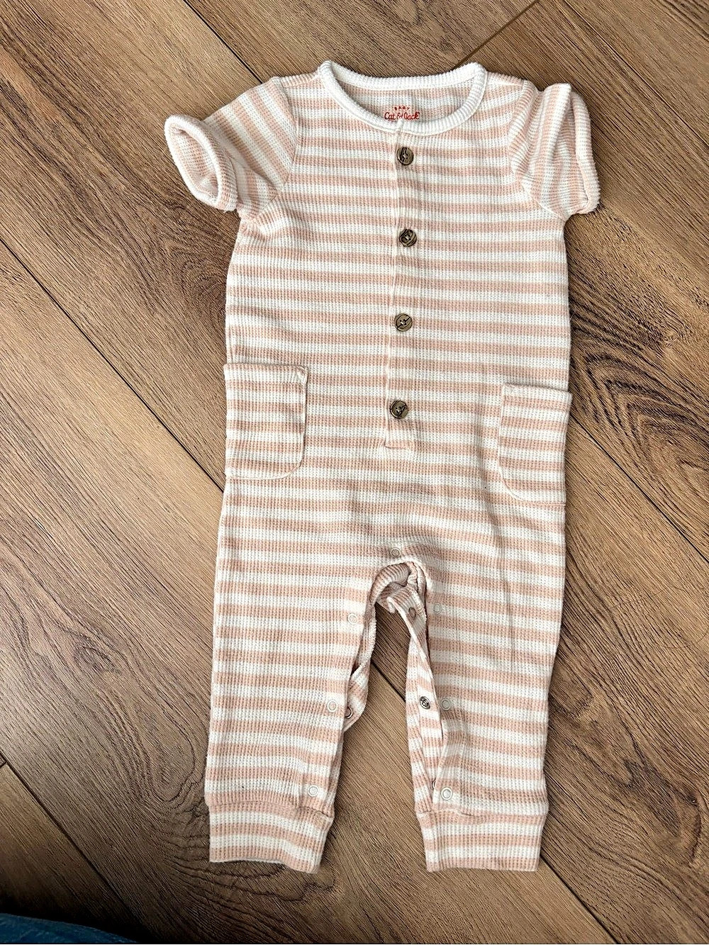 Cat & Jack Striped Waffle Knit Romper Pink & White